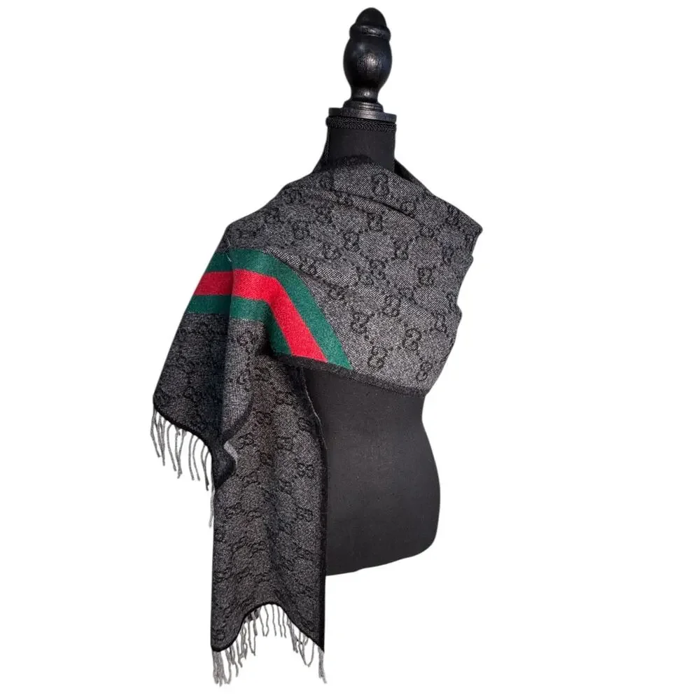 Gucci NWT Nikky Wool GG Monogram Web Stripe Scarf in Grey